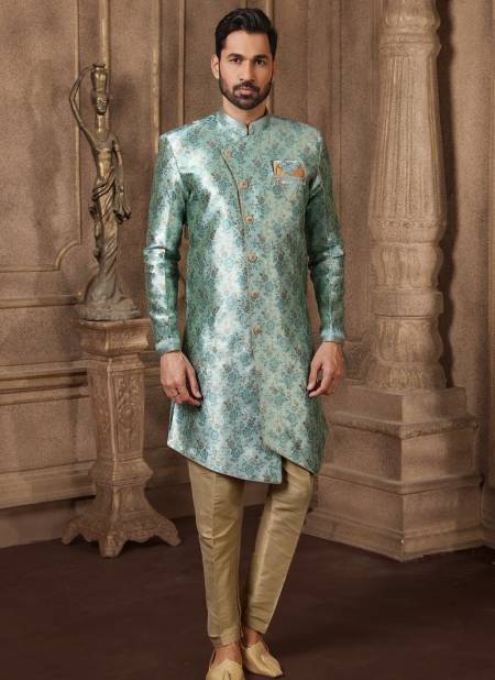 Sea Blue Colour New Party Wear Jacquard Silk Digital Print Indo Western Mens Collection 9229